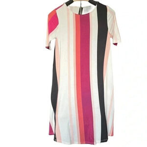 Agnes & Dora White Pink Black Striped Swing Tunic or Mini Dress With Pockets, XS